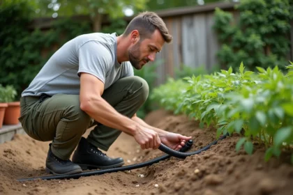 Homme posant une ligne de goutte-à-goutte JARDINIC dans un potager sur rangée de tomates