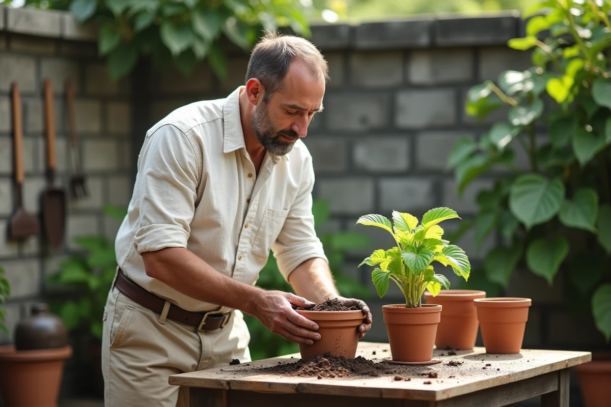 Jardinier préparant un mélange de sol pour replanter un jeune pied de christophine, démontrant une solution pratique aux erreurs courantes de culture