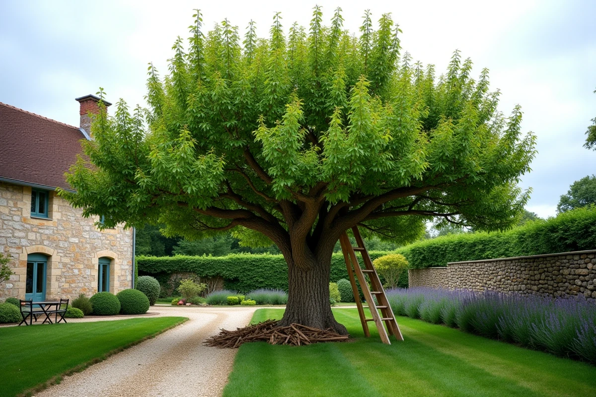Vue d'ensemble d'un prunus mature après une taille de rajeunissement dans un jardin de campagne français avec échelle et branches coupées