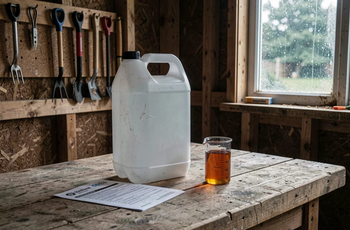 Pulvérisateur de 5 litres avec dosette de glyphosate posé sur un établi de jardin