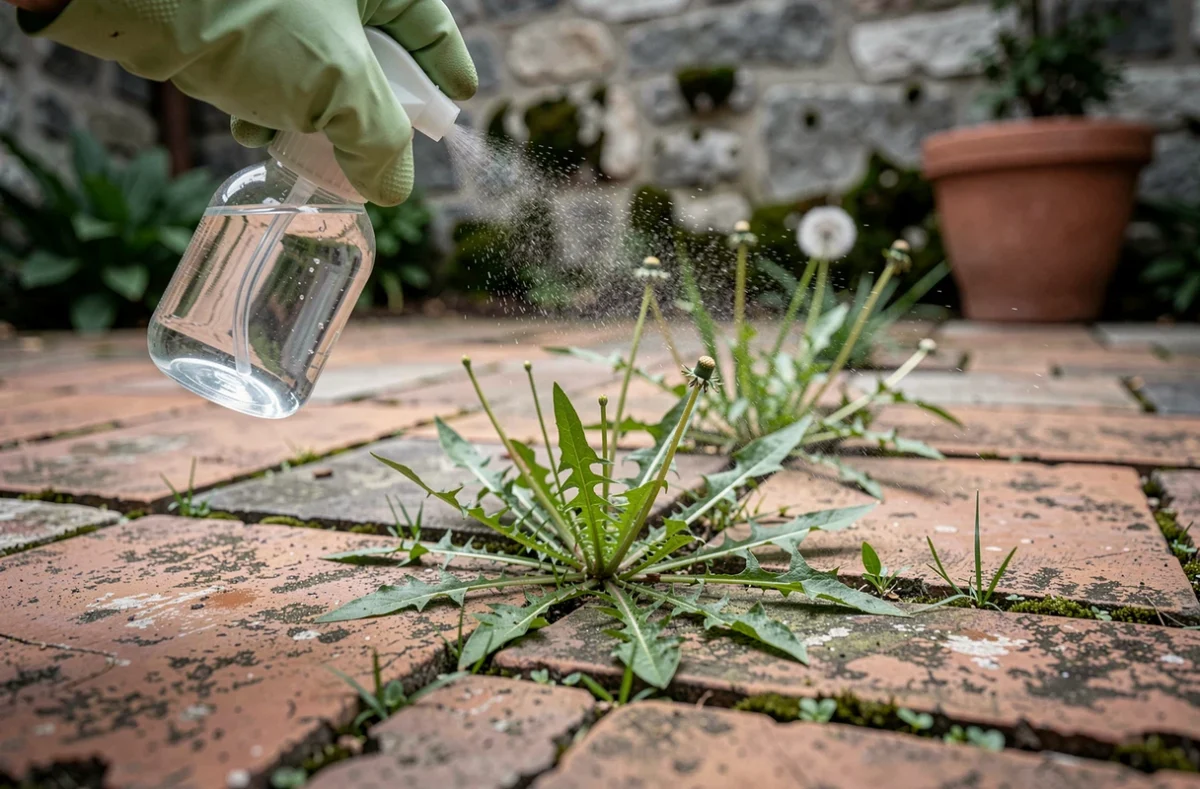 Pulvérisation de vinaigre sur des mauvaises herbes entre les pavés d'une cour en pierre