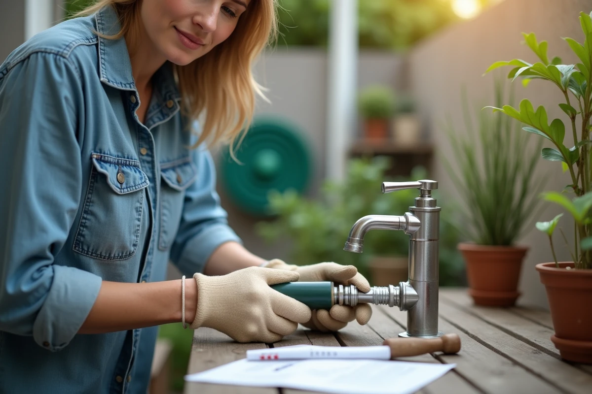 Femme raccordant un connecteur de ligne d'arrosage JARDINIC à un robinet extérieur
