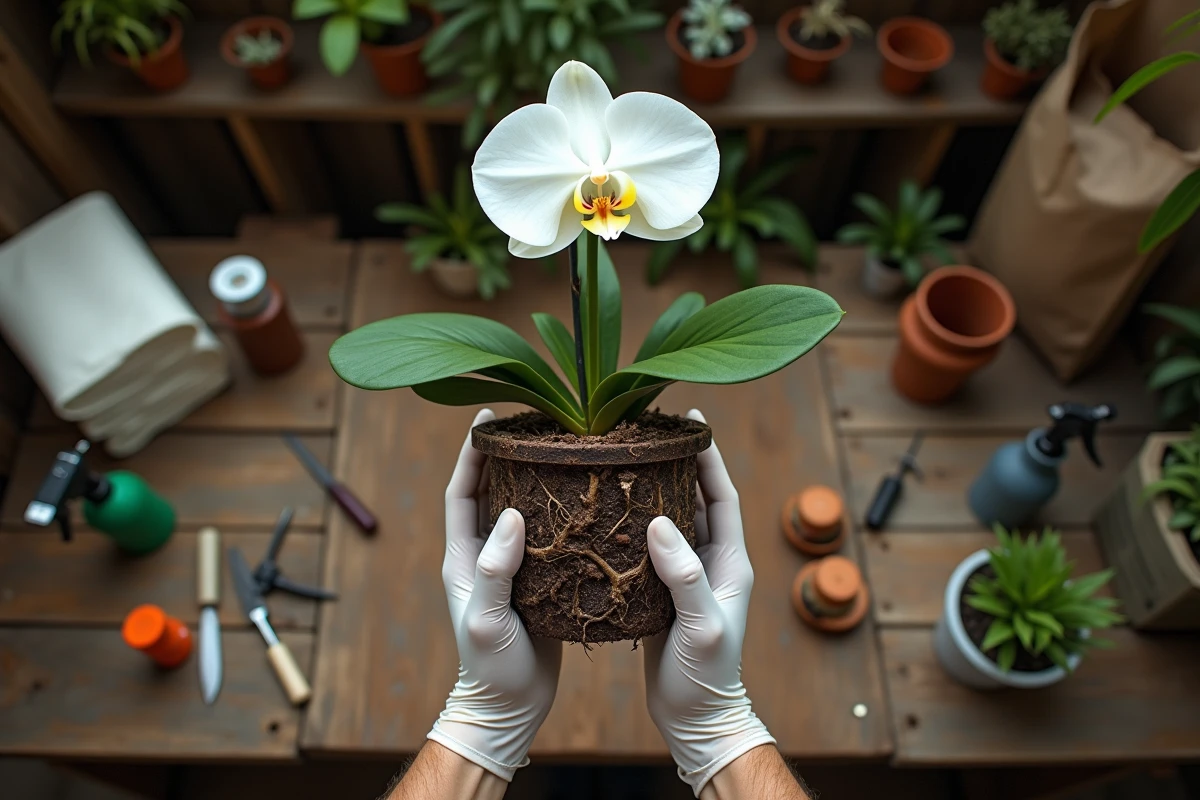 Mains gantées tenant une orchidée aux racines abîmées au-dessus d'un établi de jardinage en bois
