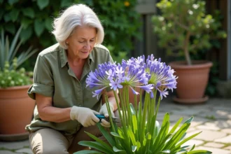 Jardiniè re taillant les tiges sèches d'un agapanthe dans un jardin avec un sécateur, rééducation de la taille ratée