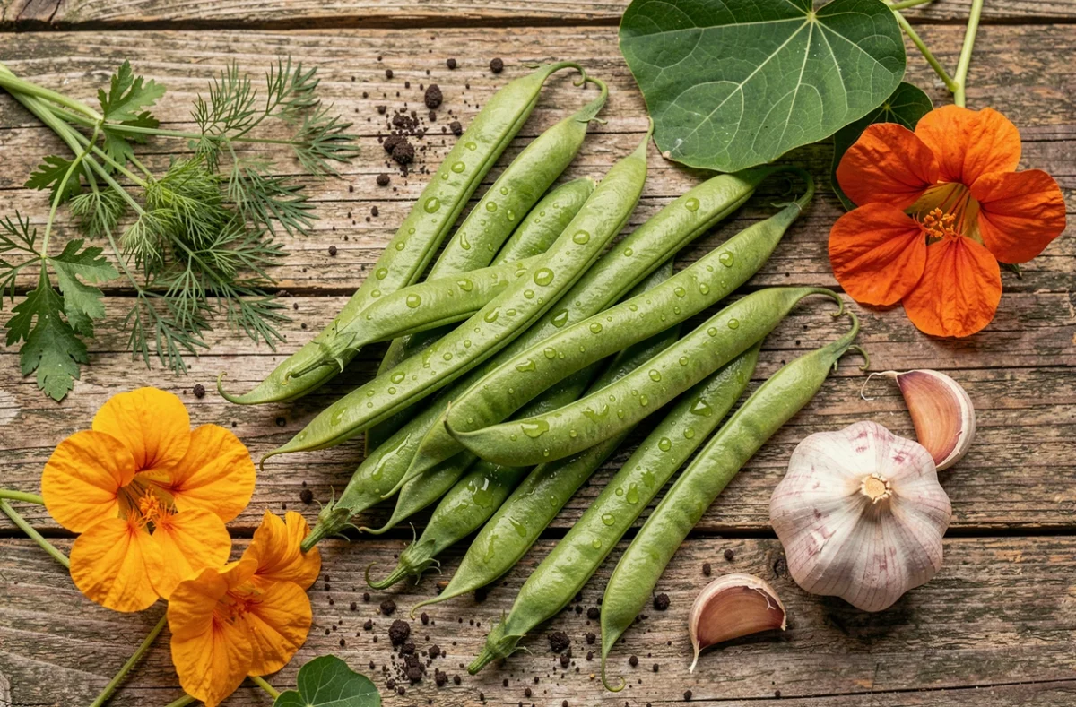 Vue aérienne de haricots verts fraîchement récoltés avec des plantes compagnes comme la capucine, l'aneth et l'ail sur bois rustique