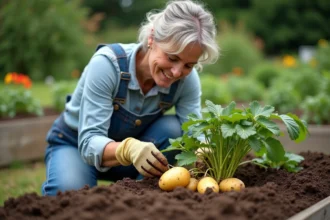 Femme jardinière qui arrache une plante de pommes de terre mûres dans un potager en fin d'été