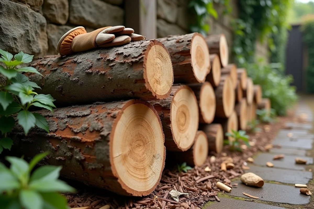 Rondins d'albizia fraîchement coupés empilés contre un mur de pierre dans un jardin