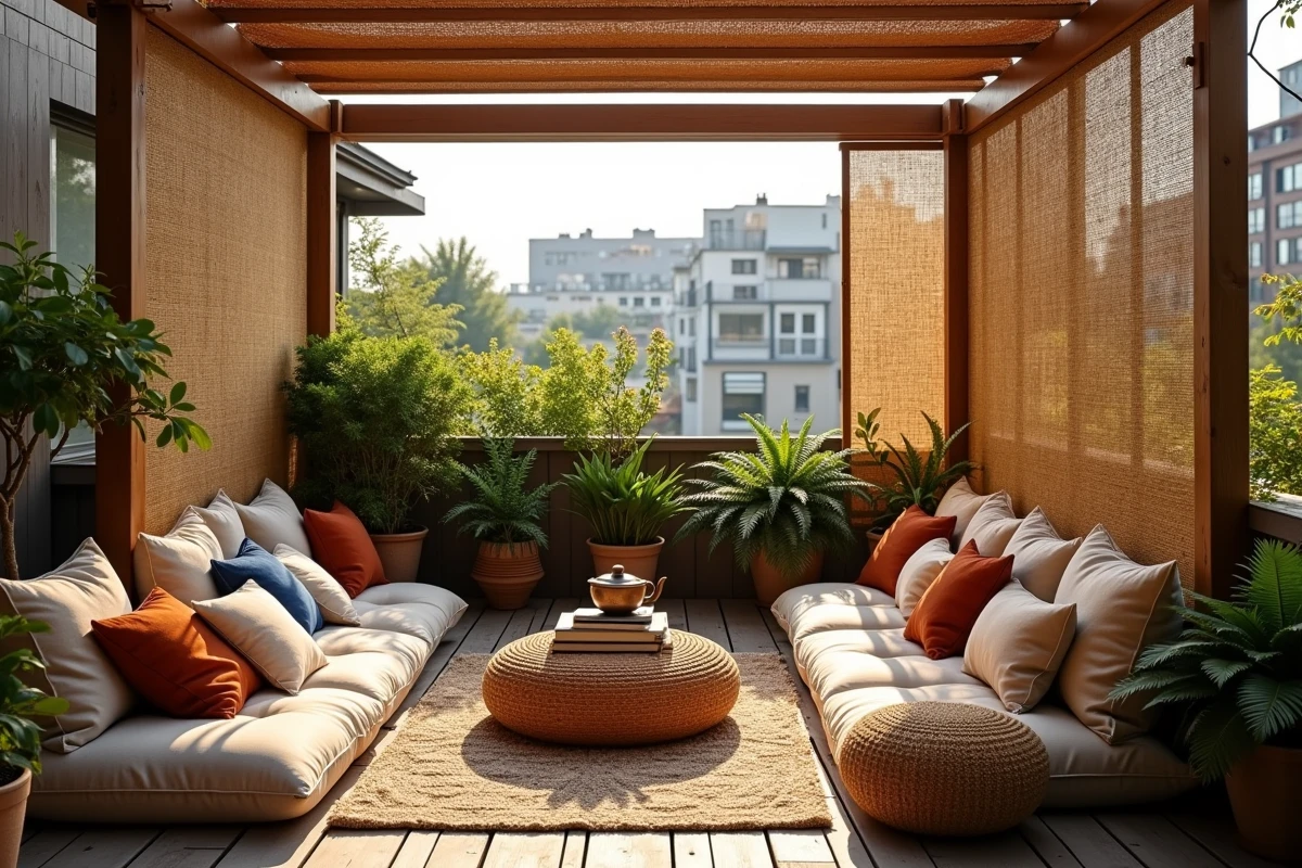 Salon extérieur bohème sous une pergola habillée de canisse avec coussins en lin, kilim et table basse en rotin sur balcon jardin urbain