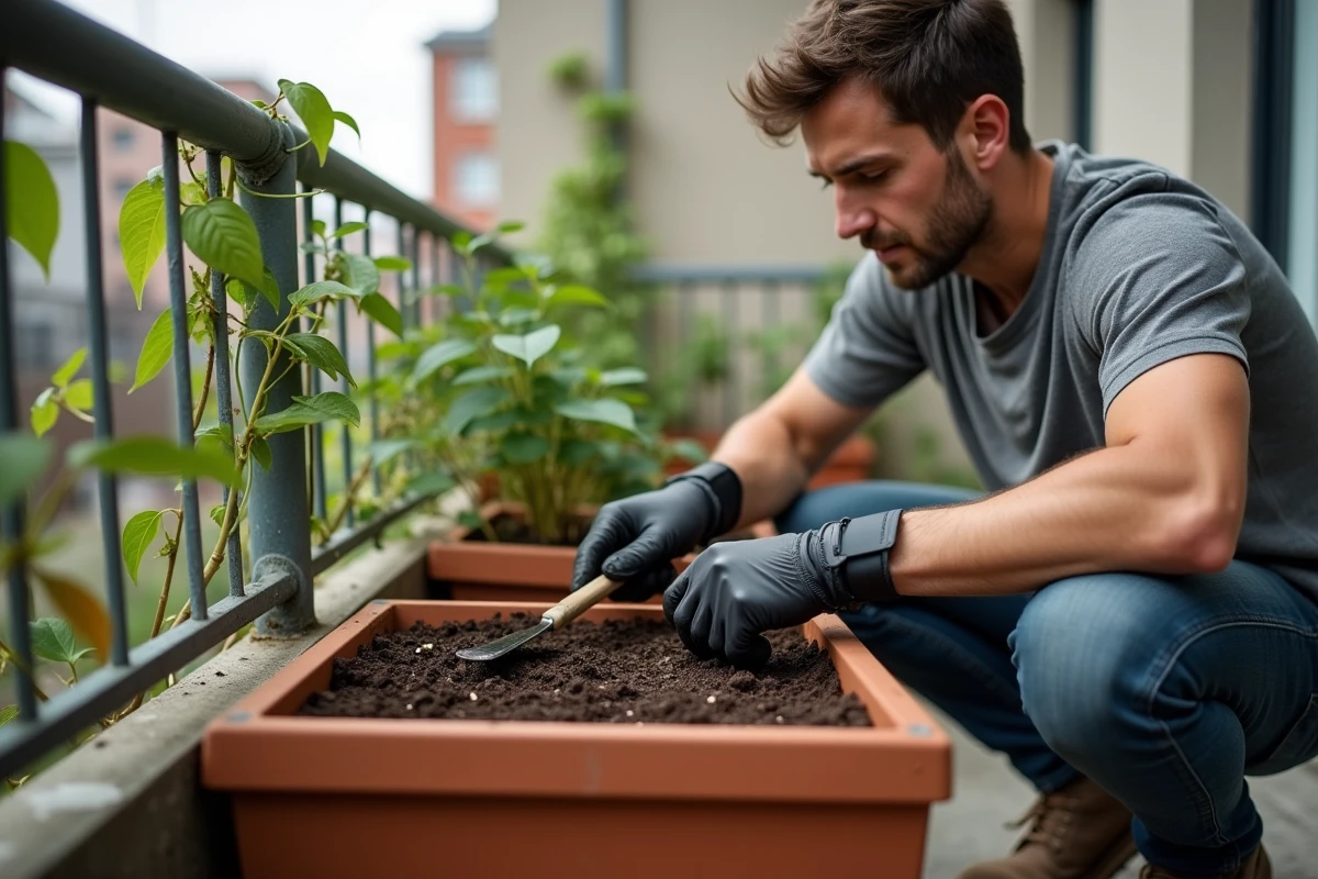 Jeune homme qui prépare un bac en terre cuite sur un balcon urbain pour y semer des haricots, truelle et graines posées sur le rebord