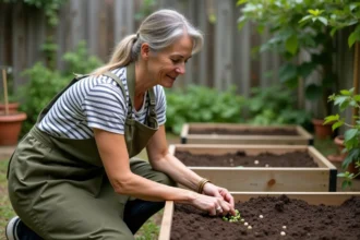 Femme qui sème des haricots dans un potager surélevé en bois, graines dans la main, sol meuble et sombre visible en gros plan