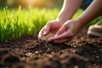 Main semant des graines dans un sol riche et sain en plein soleil