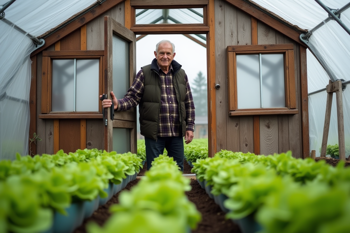 Homme âgé inspectant ses laitues dans une serre artisanale