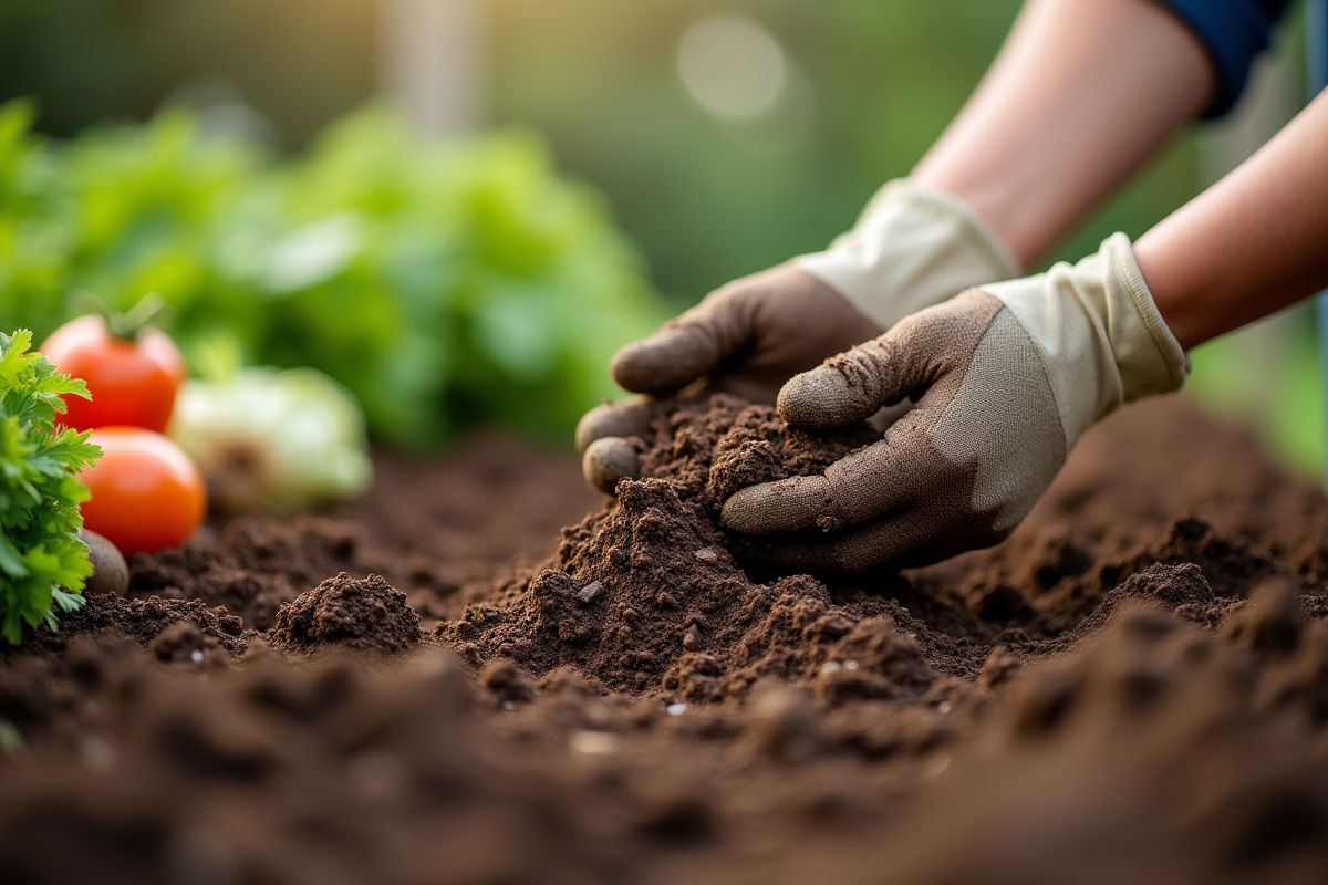 Gants de jardinier manipulant la terre naturelle au matin