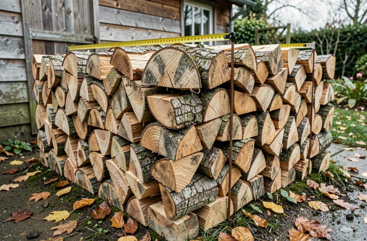Stère de bois empilé avec précision dans un jardin avec un mètre ruban pour mesurer le volume d'un mètre cube