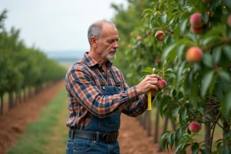 Jardinier mesurant branches de pêcher avec précision