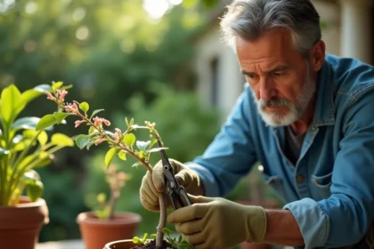Jardinier en train de tailler un jeune arbre à crevette en taille de formation sur une terrasse avec des pots en terre cuite