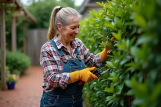 Femme taillant une haie de laurier dans un jardin