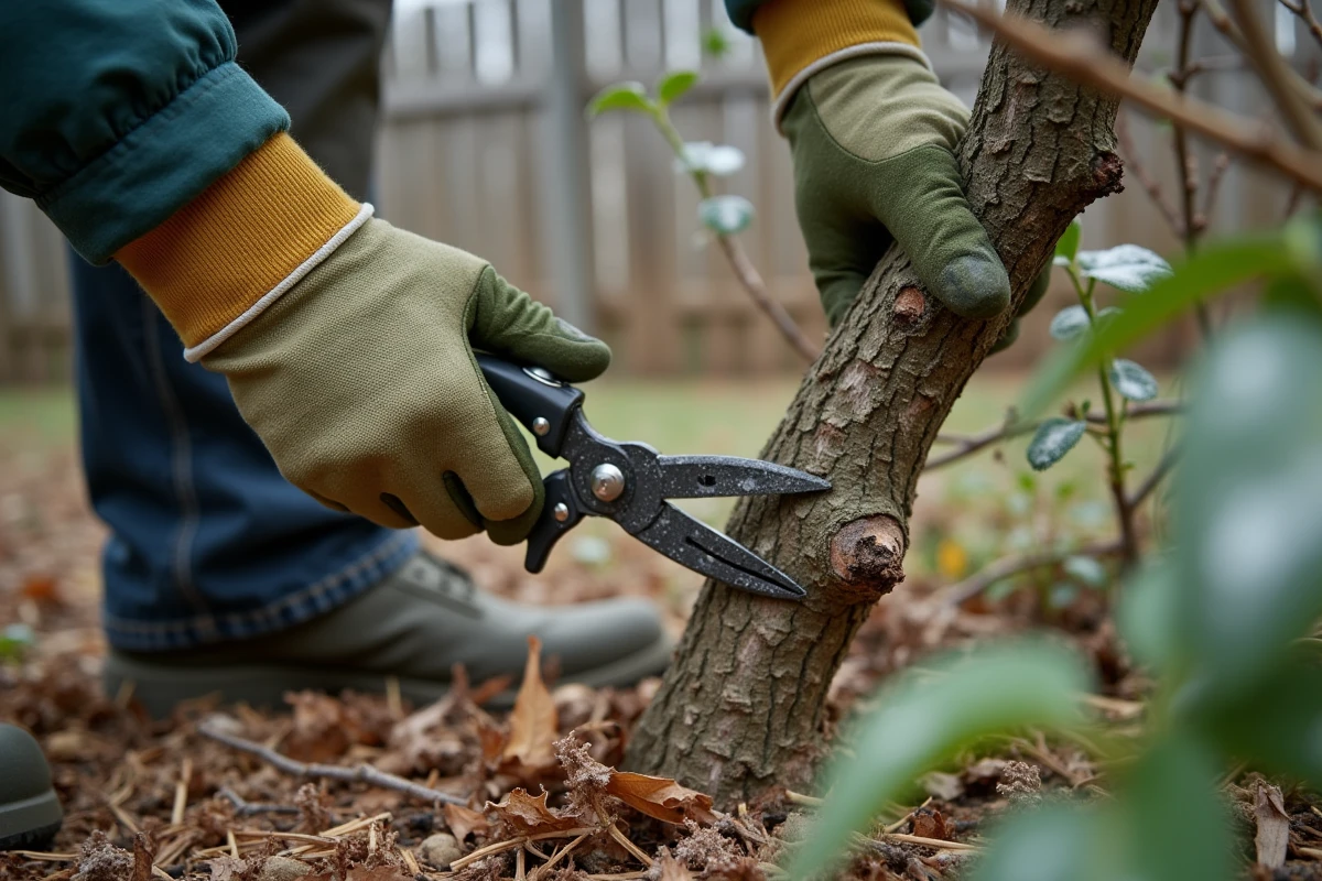 Mains gantées d'un jardinier taillant les tiges ligneuses d'un hibiscus robuste en hiver avec un sécateur en acier