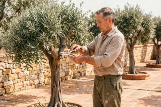 Jardinier taillant un olivier en nuage dans un jardin méditerranéen avec des cisailles manuelles