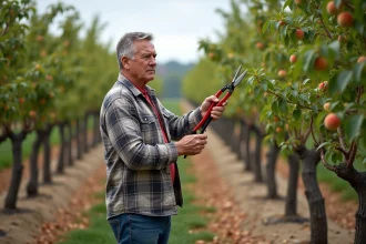 Homme en jeans et chemise à carreaux taille une peche dans un verger