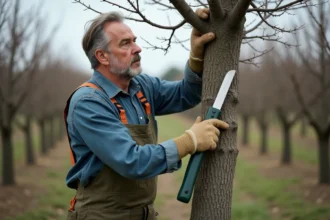 Jardinier en train de tailler un prunier mature dans un verger français en hiver, utilisant des sécateurs professionnels pour alléger la charpente de l'arbre