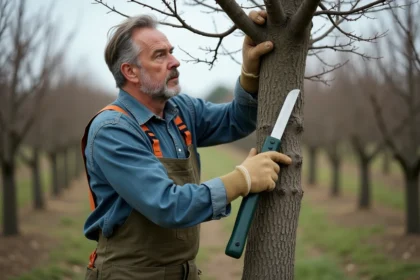 Jardinier en train de tailler un prunier mature dans un verger français en hiver, utilisant des sécateurs professionnels pour alléger la charpente de l'arbre