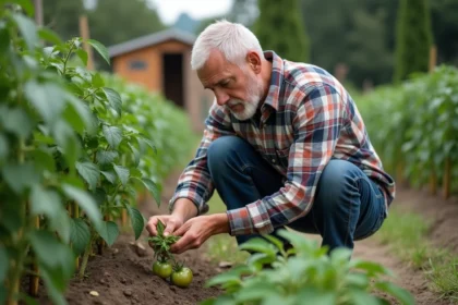 Homme d'âge moyen taillant des tomates dans un jardin