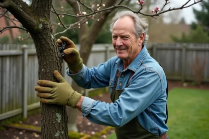 Jardinier taillant un vieux prunus aux branches enchevêtrées dans un jardin résidentiel au printemps