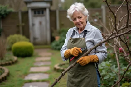 Jardinière expérimentée taillant un rosier ancien avec un sécateur dans un jardin de cottage au printemps