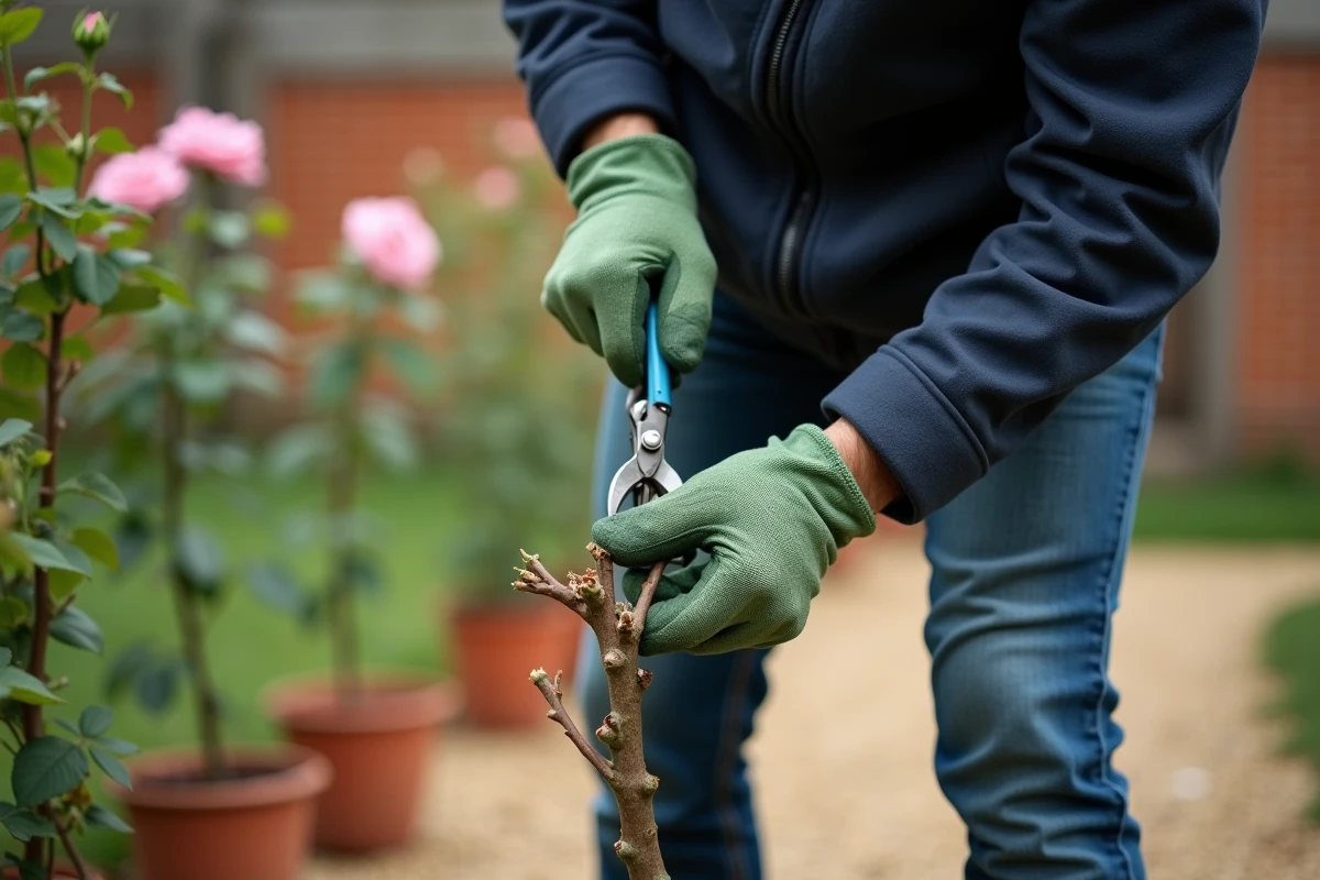 Homme taillant un rosier hybride de thé avec un sécateur professionnel dans un jardin soigné