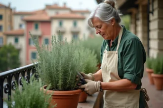 Femme taillant une sauge arbustive en pot sur un balcon urbain ensoleillé avec des cisailles de jardinage