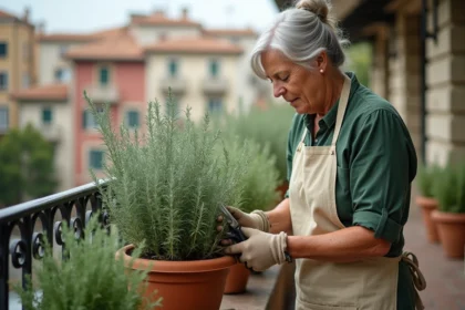 Femme taillant une sauge arbustive en pot sur un balcon urbain ensoleillé avec des cisailles de jardinage