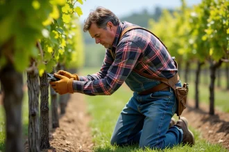 Homme middleaged taillant la vigne au printemps