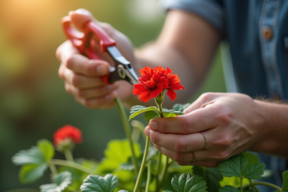 Mains de jardinier taillant une tige de géranium sain