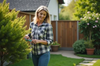 Femme d'âge moyen taillant un mimosa dans le jardin