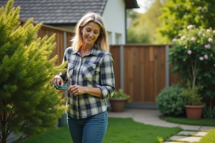 Femme d'âge moyen taillant un mimosa dans le jardin