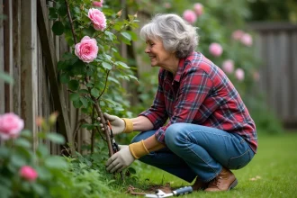 Femme taillant un rosier grimpant dans le jardin