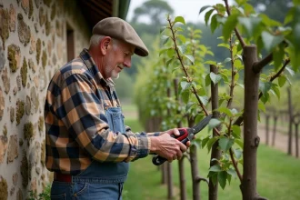 Homme âgé taillant des pêchers contre un vieux mur de pierre