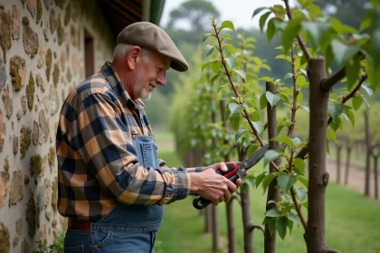Homme âgé taillant des pêchers contre un vieux mur de pierre