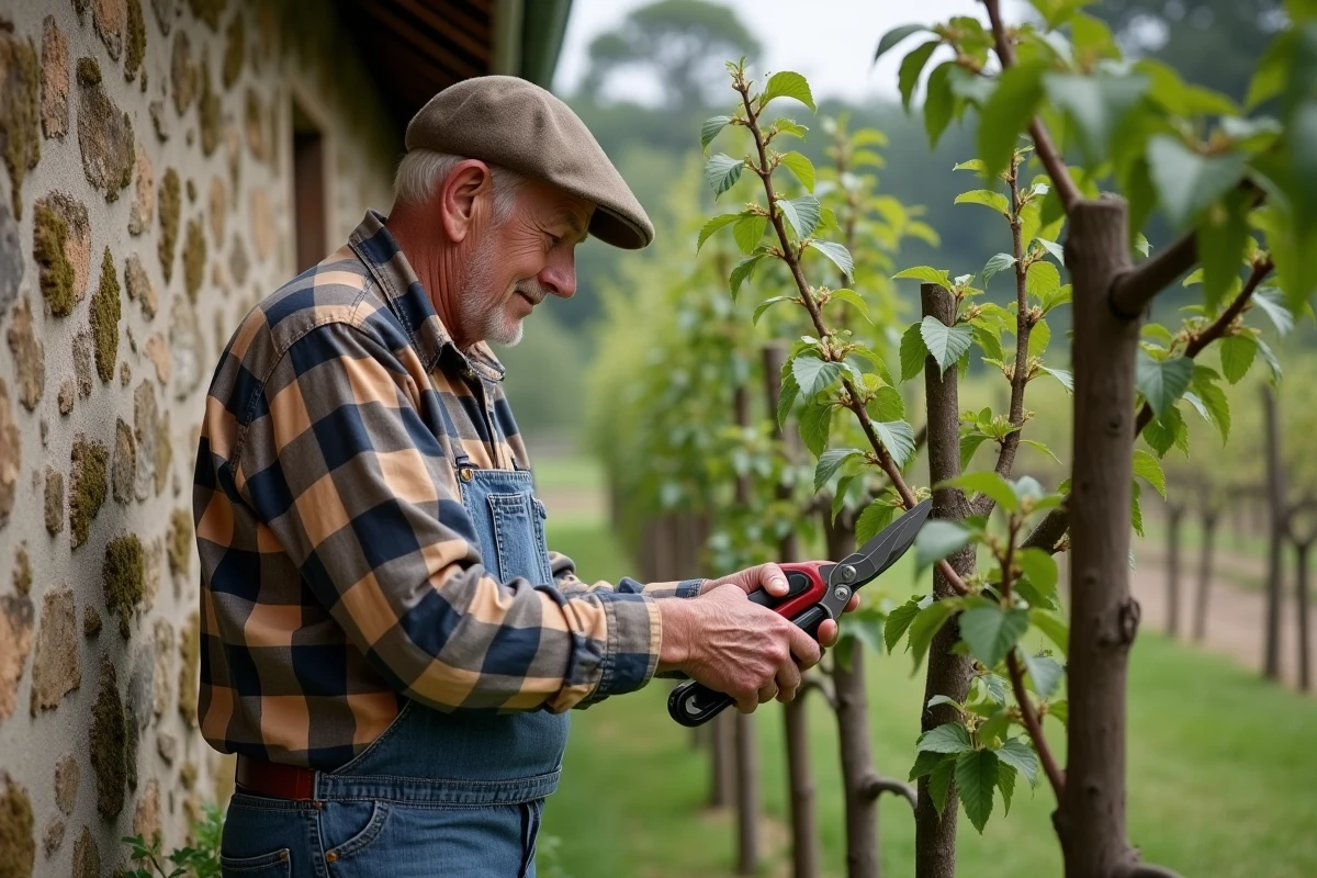 Homme âgé taillant des pêchers contre un vieux mur de pierre