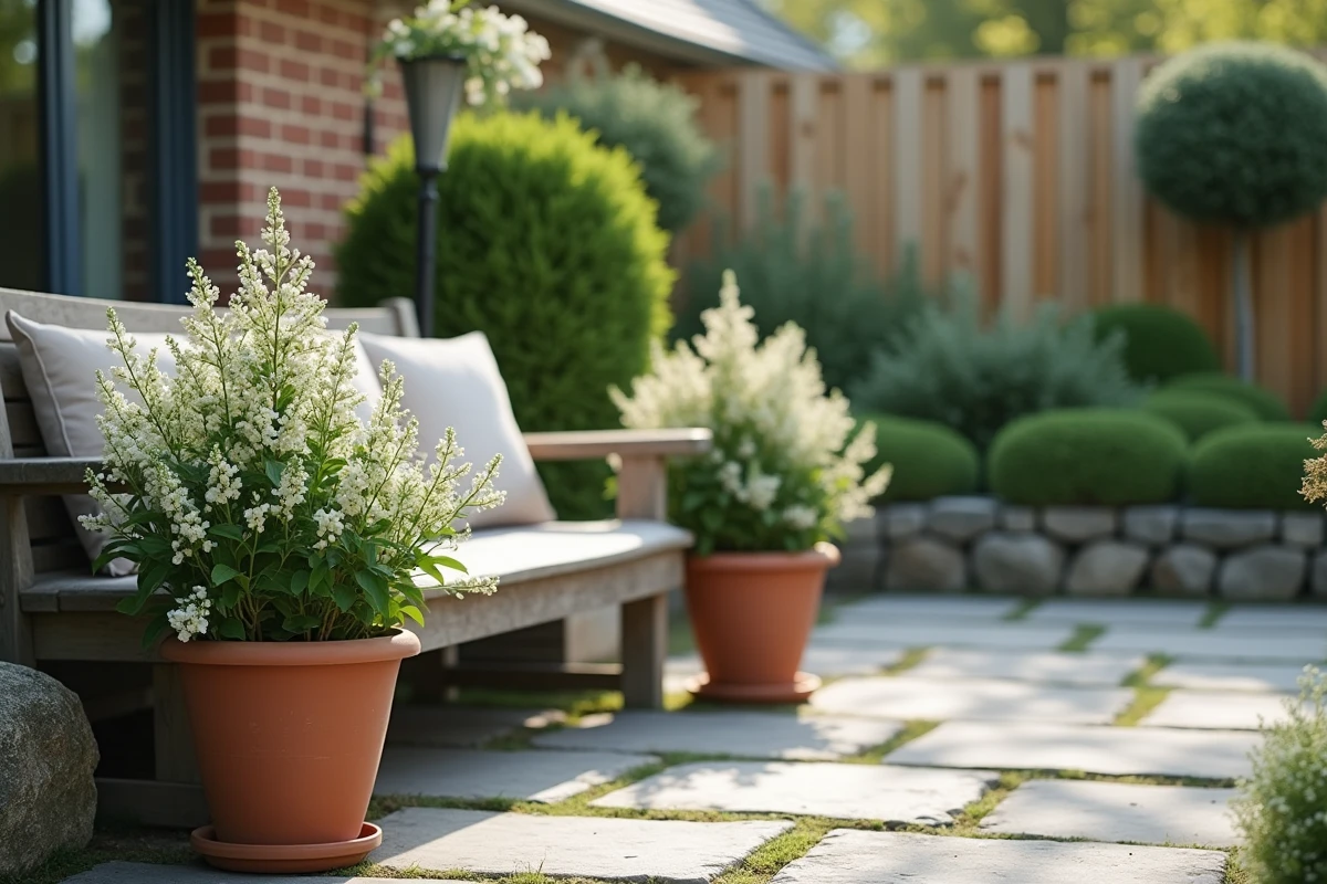 Terrasse de jardin chic au printemps avec deux arbustes à fleurs blanches en pot encadrant un banc en bois