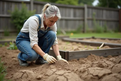 Jardinière examinant une terre de jardin épuisée et asséchée entre ses doigts gantés