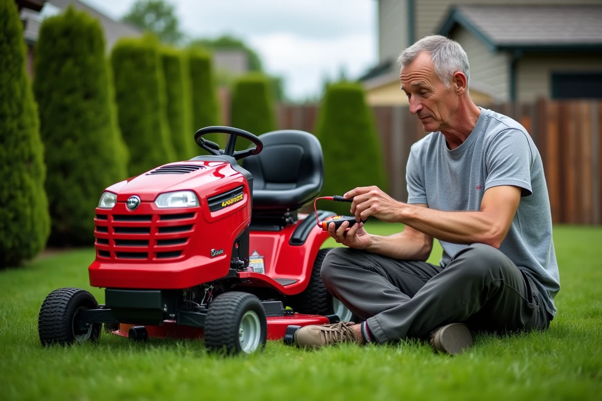 Homme testant l'interrupteur d'enclenchement de lame d'un tracteur tondeuse avec un multimètre dans un jardin