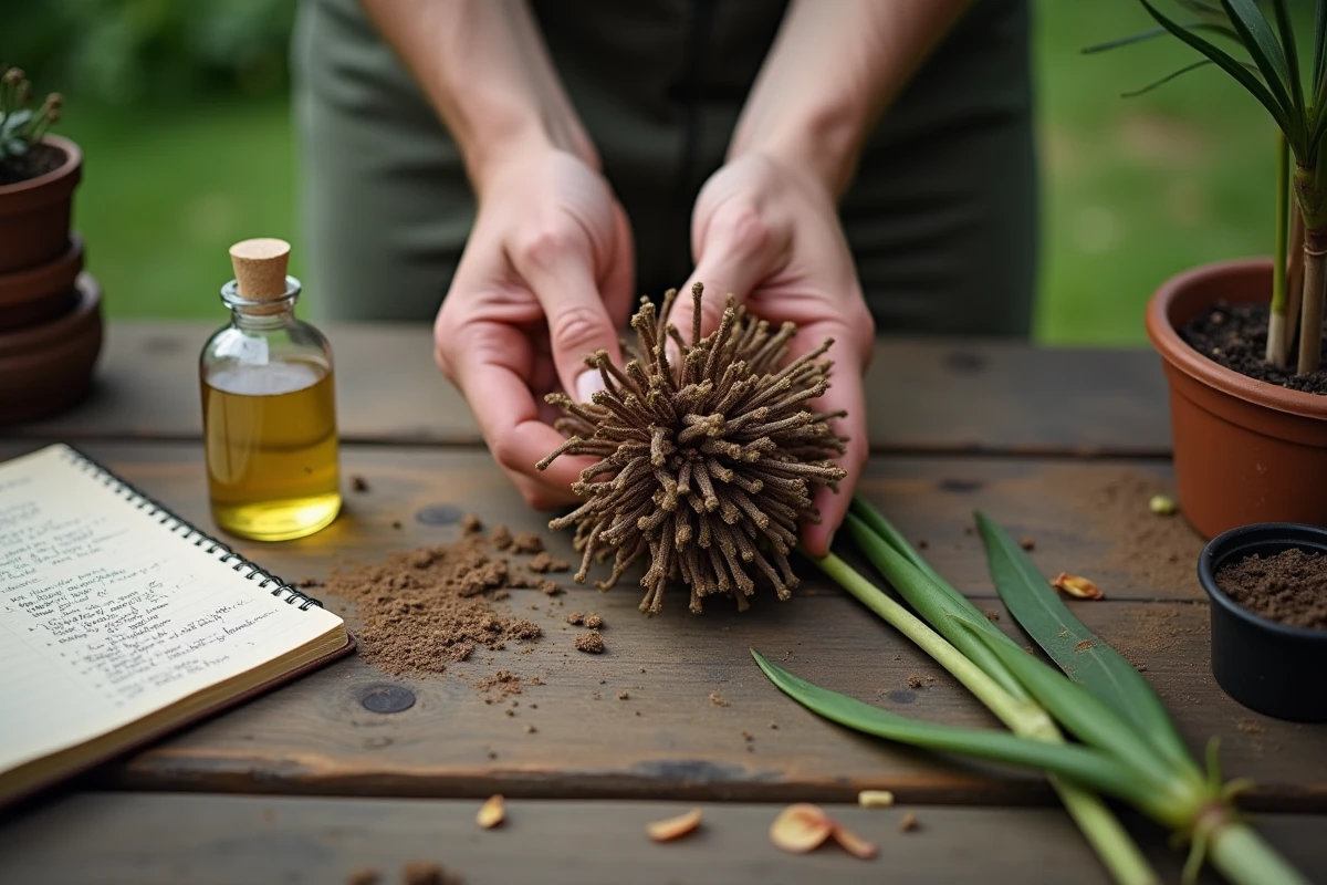 Mains de jardinier tenant une tige d'agapanthe fanée sur un établi avec engrais et carnet de soins pour sauver la floraison