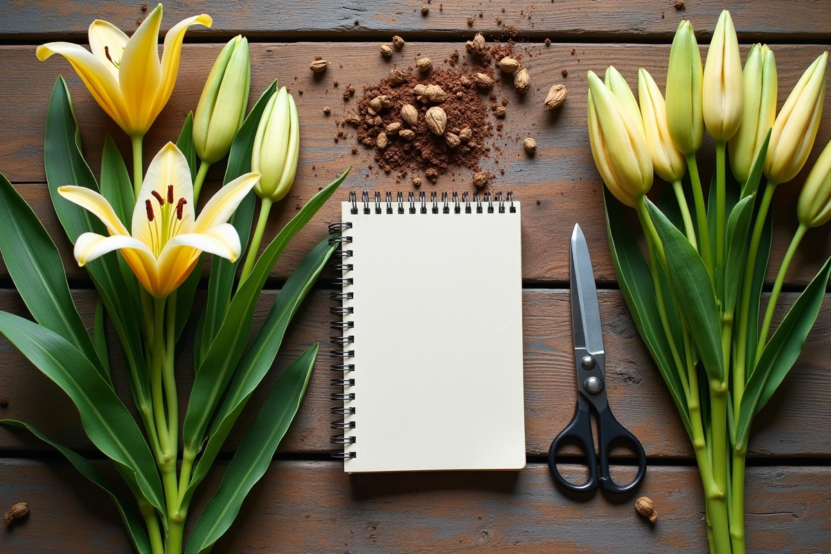 Vue du dessus d'un établi de jardinage avec tiges de lys coupées, sécateur et notes d'entretien