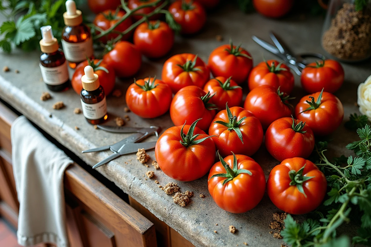 Vue de dessus de tomates récoltées avec taches noires sur un comptoir en pierre, accompagnées de produits préventifs contre la pourriture
