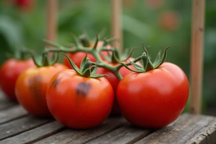 Tomates sur la vigne avec taches noires précoces visibles sur la peau rouge, posées sur une table en bois de jardin