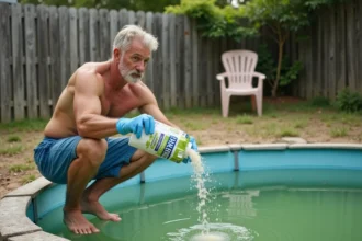 Homme versant du chlore choc dans une piscine verte trouble dans un jardin modeste