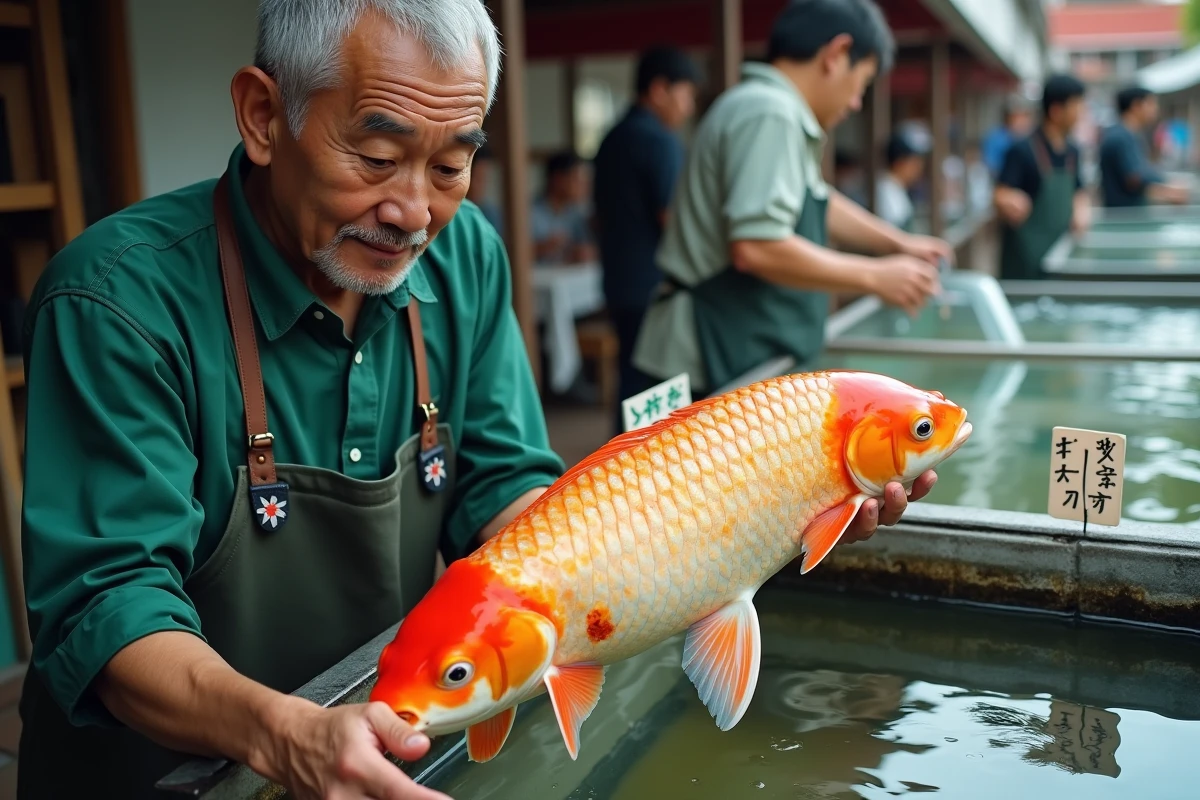 Vendeur de carpes koï tenant un poisson kohaku dans ses mains sur un marché aquatique
