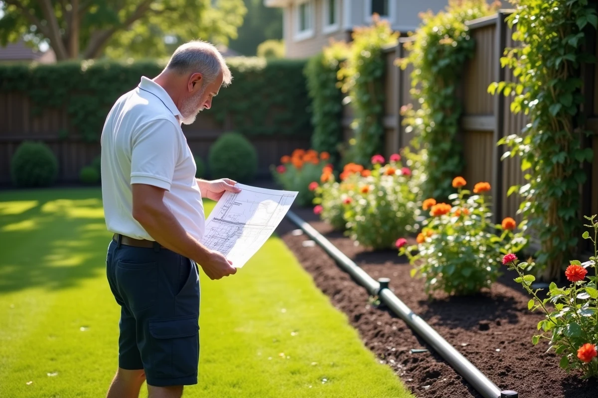 Homme vérifiant l'installation complète d'une ligne d'arrosage JARDINIC dans un jardin fleuri